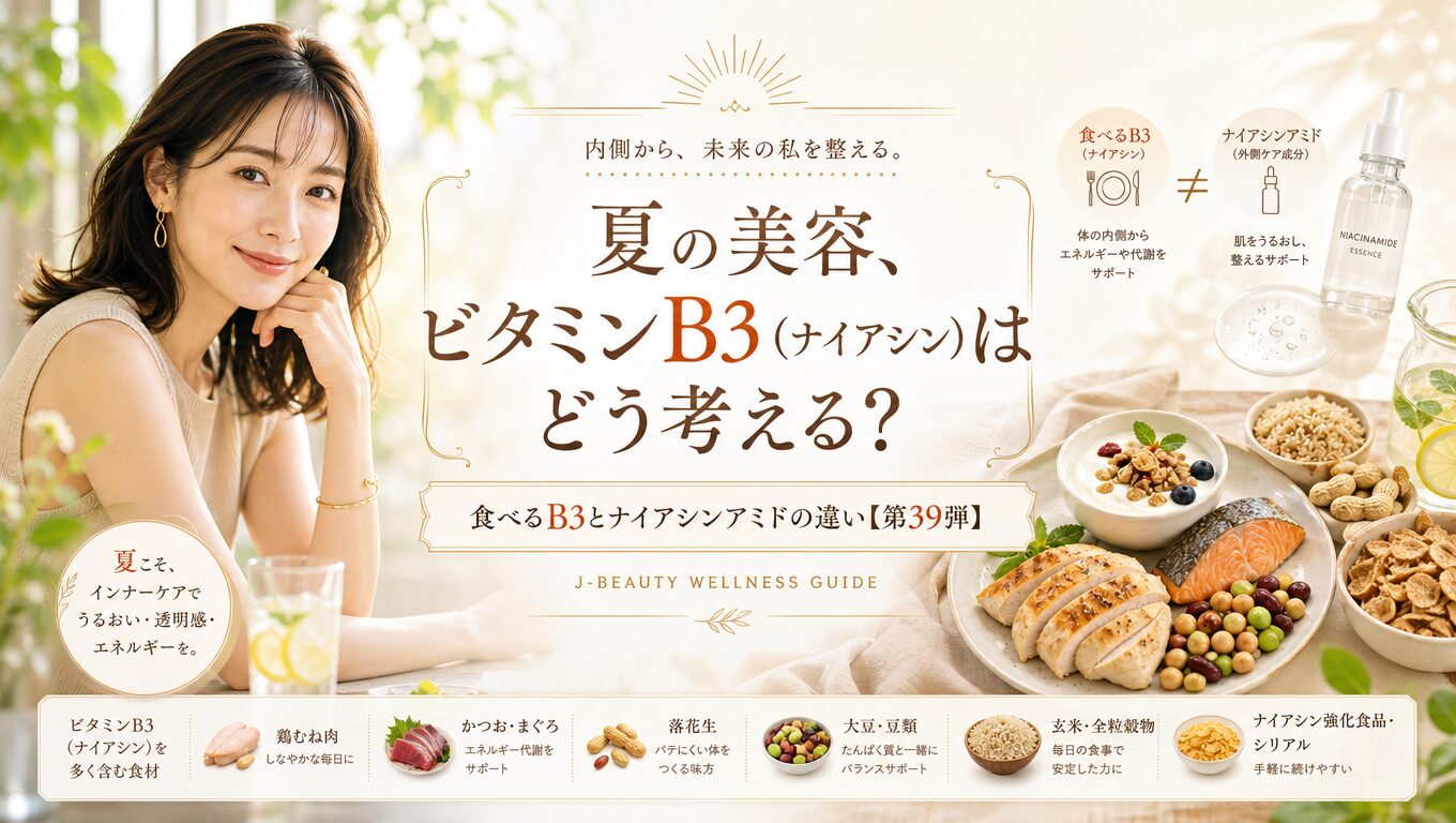 夏の美容におけるビタミンB3(ナイアシン)とナイアシンアミドの違いを解説する第39弾タイトル画像
